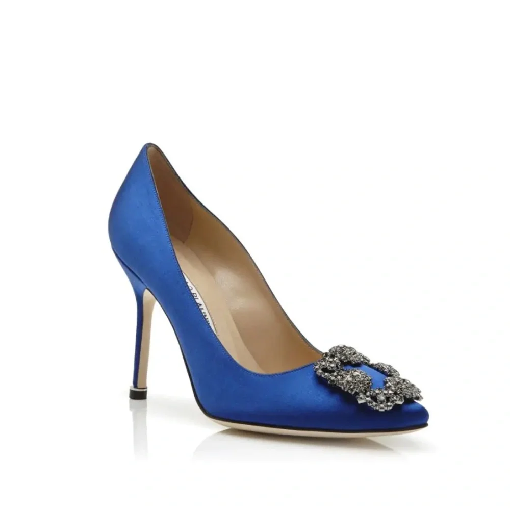 Manolo Blahnik Hangisi Blue Satin Jewel Pumps - Picture 1 of 13